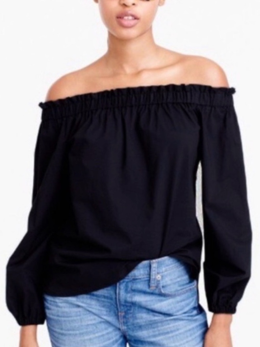 J. Crew Black Cotton Poplin Off-The-Shoulder Puff Sleeve Blouse Top Size 4